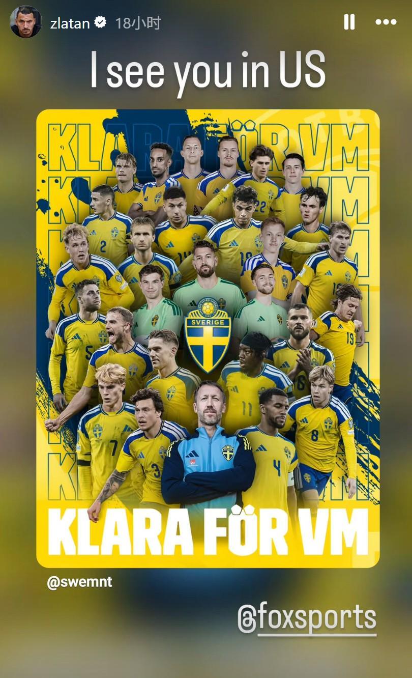 来自前辈的认可，伊布祝贺瑞典进军世界杯：伙计们，美国见